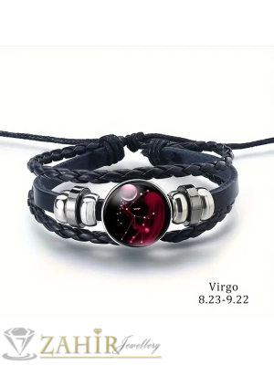 АМУЛЕТ Гривна със СЪЗВЕЗДИЕ ДЕВА – овална метална плочка 1,8 см, естествена черна кожа и регулируема дължина за перфектно прилягане- ZG1221